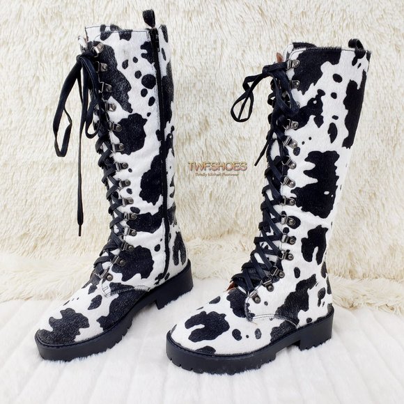 Mata Shoes - Savage Cow Combat Lace Up Knee Boots Faux Cow Print Brand New